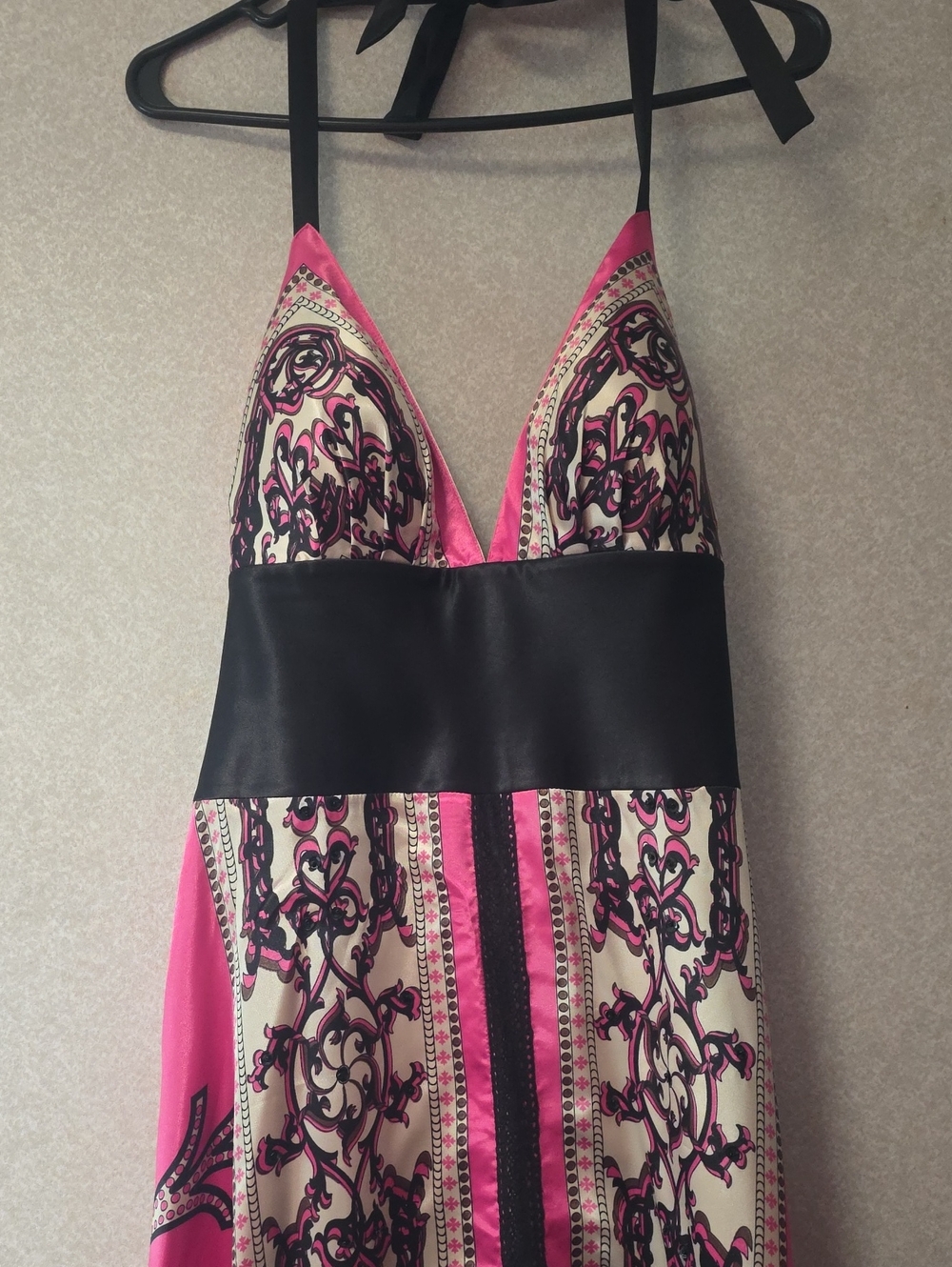 Lyndia Procanik Pink and Black Halter Maxi Dress with Print